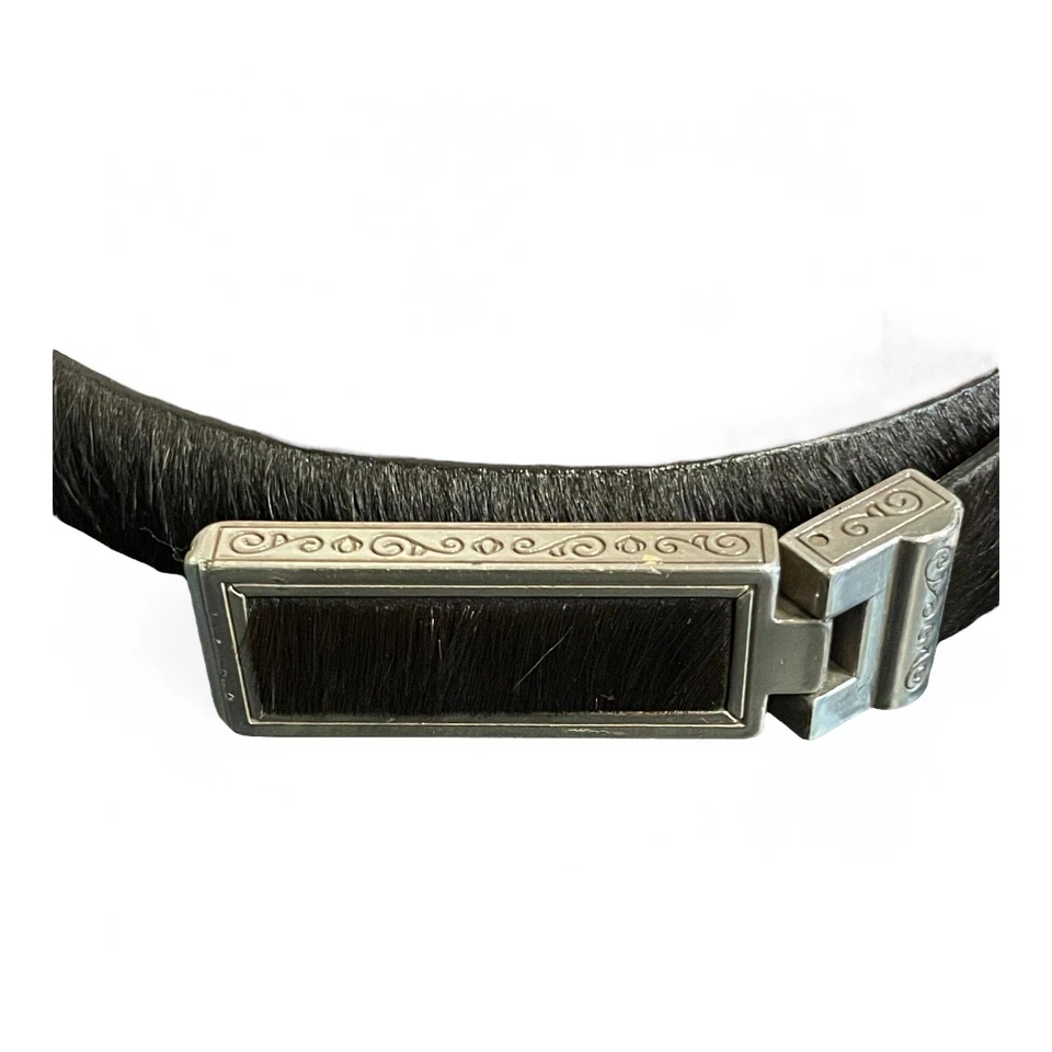 NUEVO CON ETIQUETAS Cinturón Brighton Para Mujer Negro Pelo de Poni Cuero Ajustado Hebilla Plateada Pequeño Foto 2 de 3