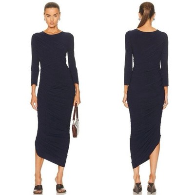 Norma Kamali | NWT Long Sleeve Diana Gown True Navy Ruched Midi Dress L 40