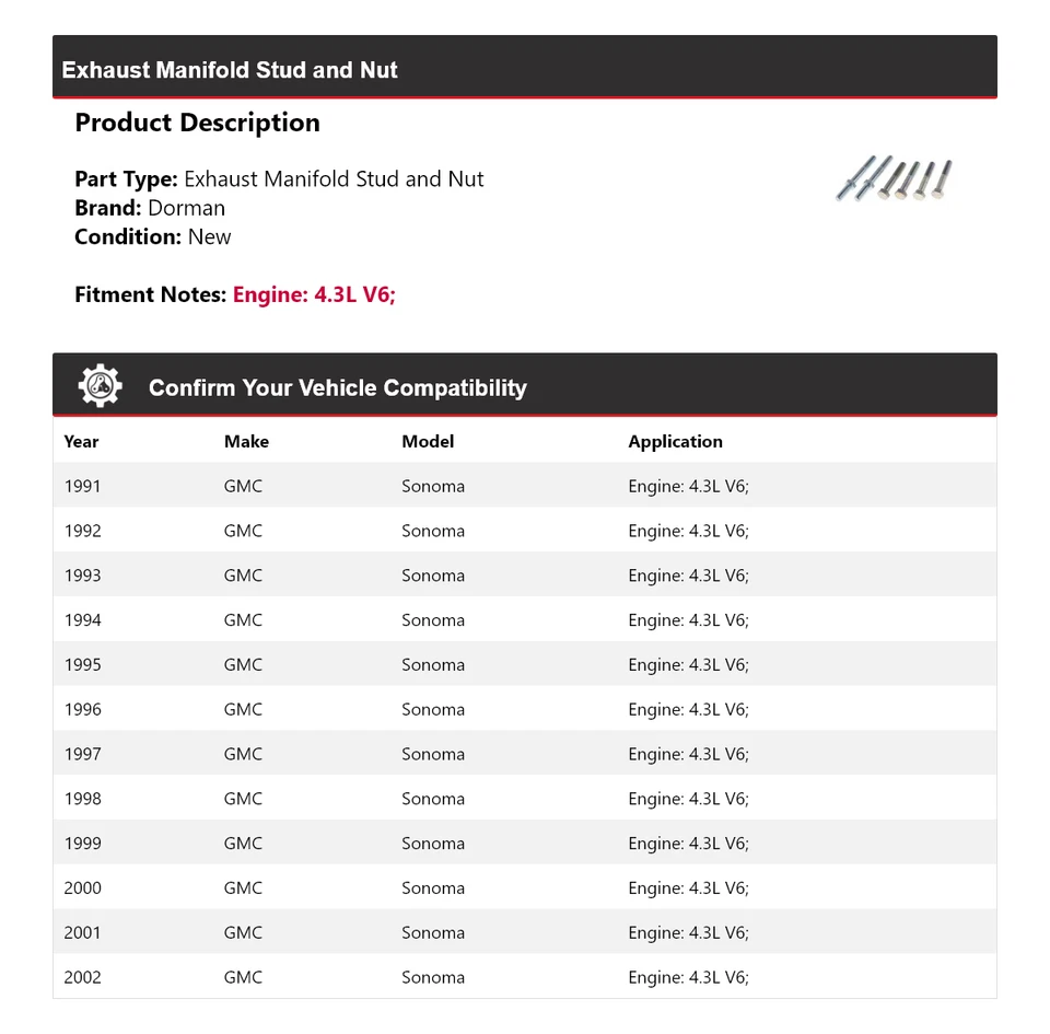 Para 1991-2002 GMC Sonoma 4.3L V6 Dorman coletor de escape parafuso prisioneiro e porca 1992 1993 - Imagem 2 de 4