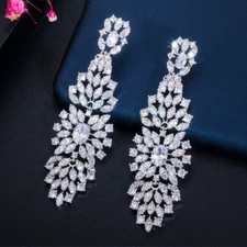 Cubic Zirconia White Crystal Long Leaf Shaped Earring 925 Silver for Women Party