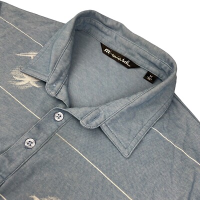 Travis Mathew Men s S/S Polo Shirt Blue/White Stripe Palm Trees   Medium