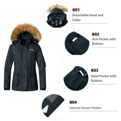 Wantdo Women's Ski Jacket Winter Fleeced Snow Coat Waterproof Fur Hooded Jackets - Picture 48 of 86