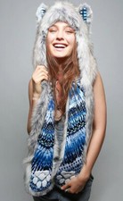 SpiritHoods Tie Dye Timber Wolf Faux Fur Hat Symmetrical Arms EUC