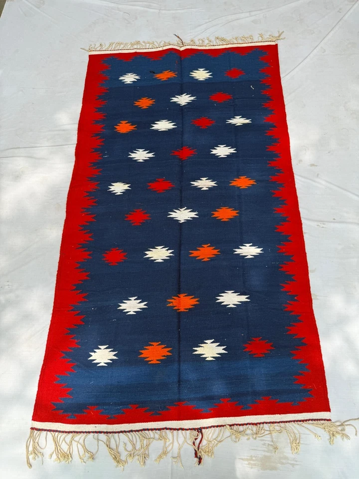 Хлопковый ковер ручной работы | винтажный | 100% хлопок | 3x6 футов | синий и красный - Изображение 4 из 4