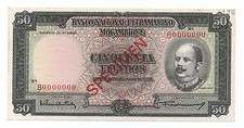 MOZAMBIQUE PORTUGAL 50 ESCUDOS 1958 PICK 106 SPECIMEN AUNC 2 PINHOLES
