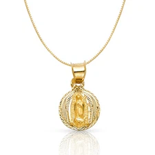 14K Yellow Gold Guadalupe Stamp Religious Charm Pendant 0.6mm Box Chain Necklace