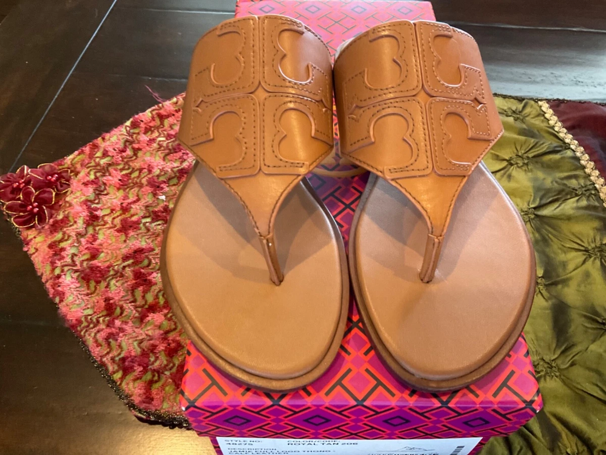 Tory Burch JAMIE Weston Embossed Logo Thong Sandals in Royal Tan size 5 BNIB