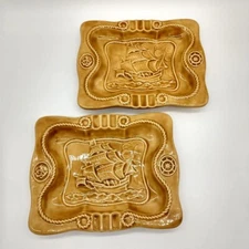 Vintage Sailing Ship Clipper Ashtray Set of 2 Tabletop 3D Nautical Ceramic 