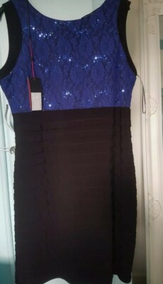 NEW Klass Embellished Cobalt Royal Blue/Black Midi Chic Glam Dress Size 18