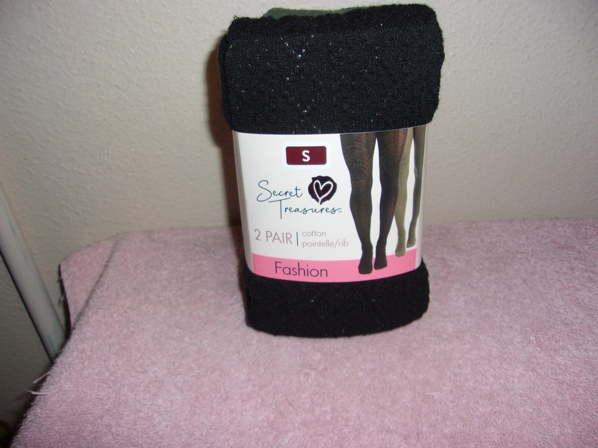 NEW SECRET TREASURES 2-PAC LADY'S POINTELLE/RIB TIGHTS in BLK GREEN