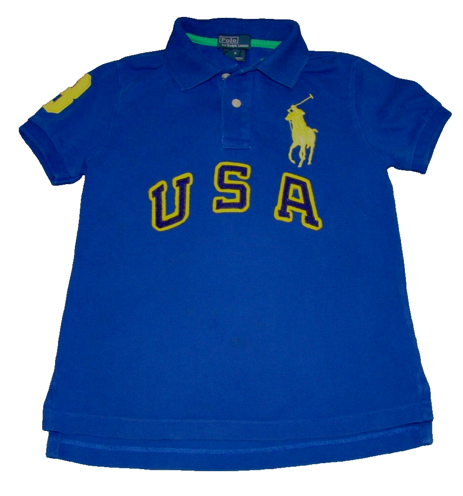 Polo Ralph Lauren ragazzo taglia 6 blu giallo USA Big Pony #3 polo rugby shirt