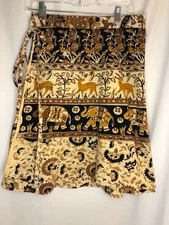 Vintage Devi India Cotton wrap skirt One size elephant print brown black Boho