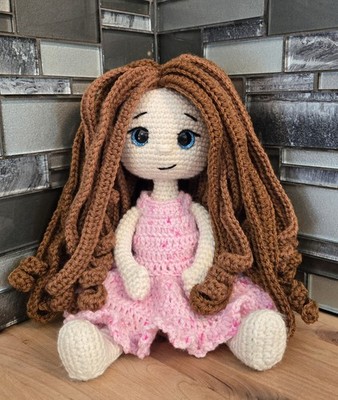 Crochet Girl Doll 13.5'' Tall Amigurumi Handmade Adorable Cute Blue Sparkle Eyes