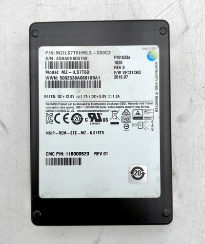 Samsung PM1633a 7.68TB 12Gb/s SAS 2.5" SSD EMC 118000520 MZILS7T6HMLS-000C3