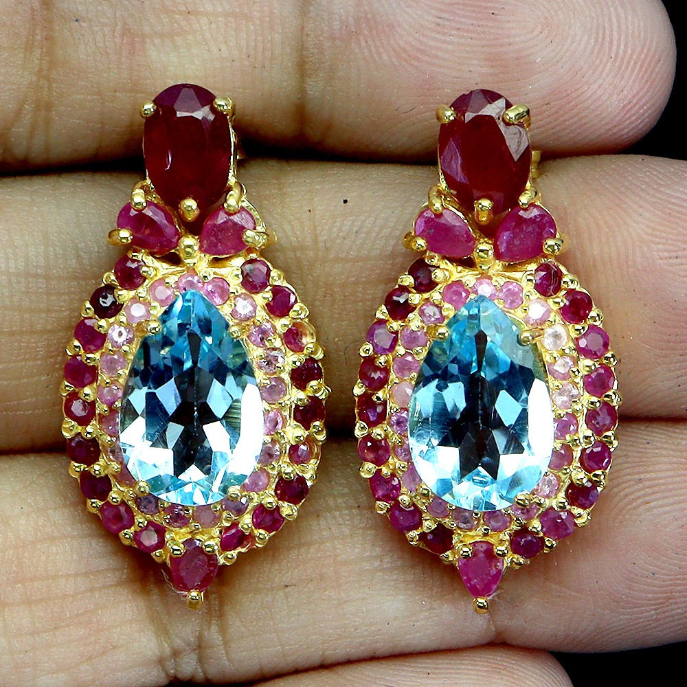 925 Sterling Silver Earrings Pear Sky Blue Topaz 12x8mm Ruby Gemstone Jewelry