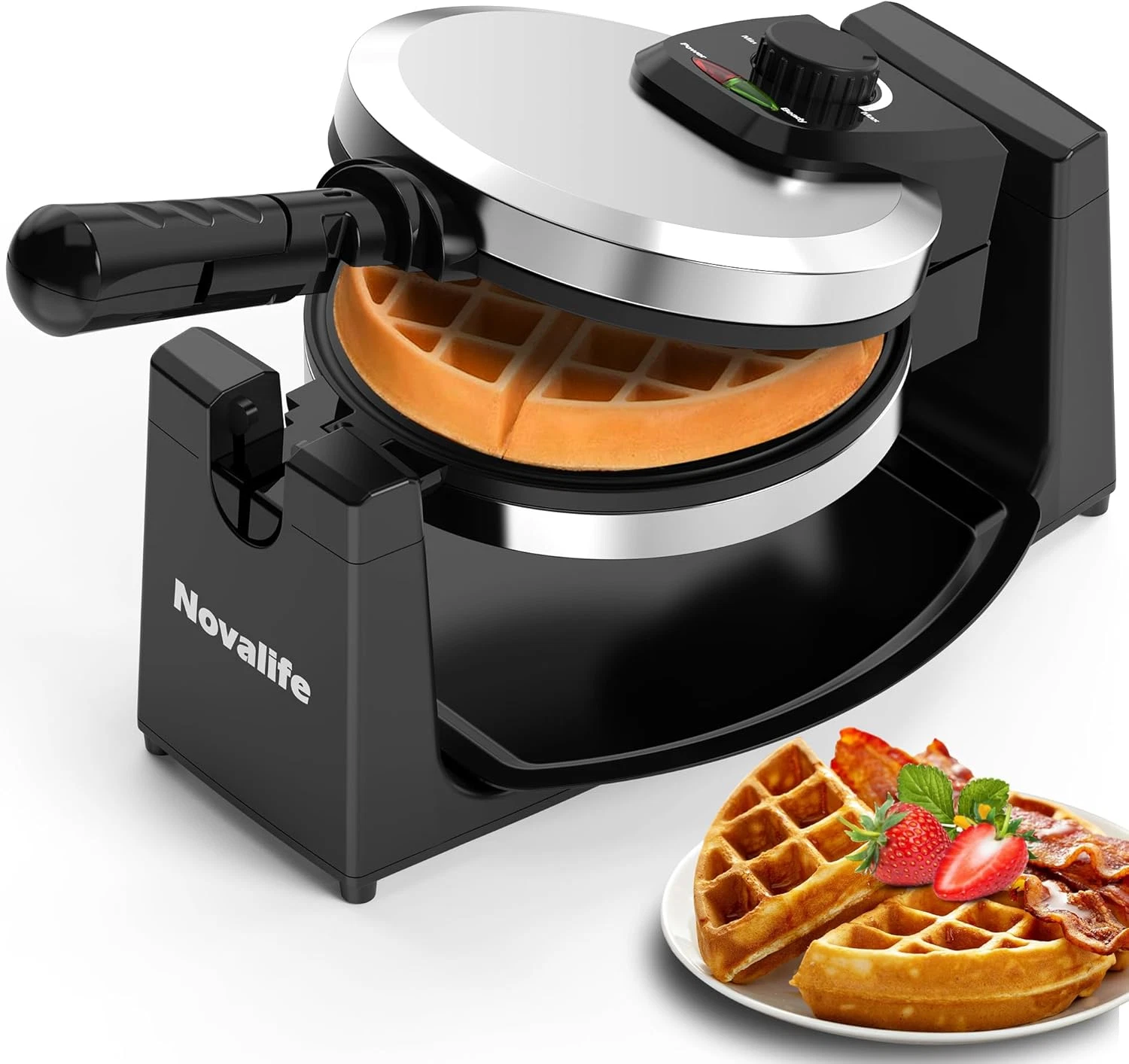 Rotating Belgian Waffle Maker 180° Flip Nonstick Iron Adjustable Browning Steel