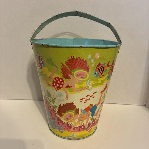 Vintage  1950's  Ohio Art Sand Pail Children Ocean  Scenes  7 3/4"