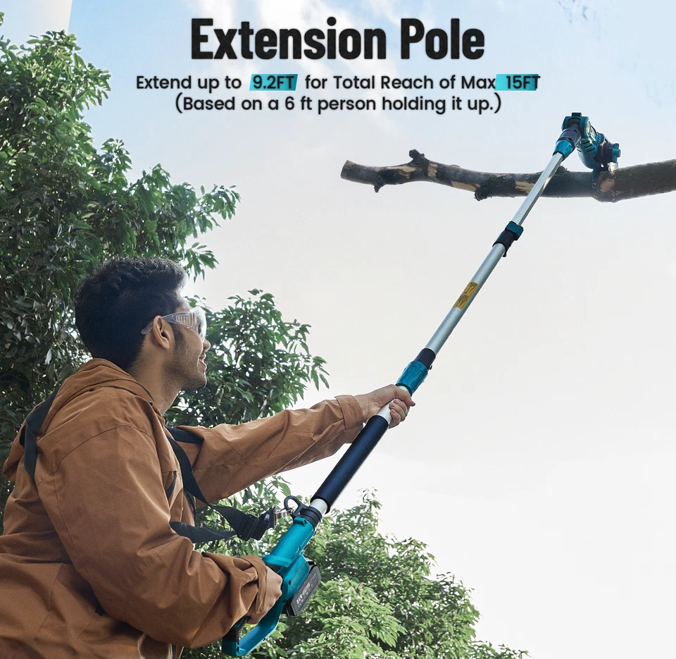 Motosserra de poste sem fio 15 pés alcance 10 pol e 8 pol. motosserras elétricas 4000 mah - Imagem 4 de 4