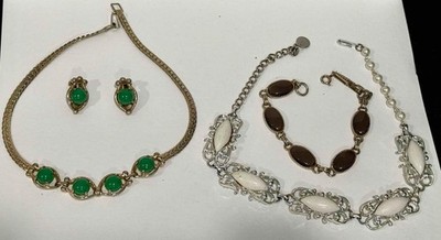 Lot of 4 Pcs. of Vintage Jewelry Items, Bracelet, White Necklace, Green Necklace