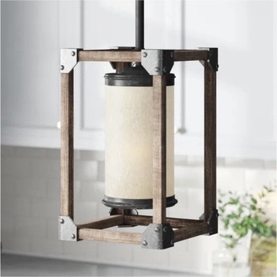 Generation Lighting Industrial Pendant Light Brown Beige Wood Glass Metal 16x6in
