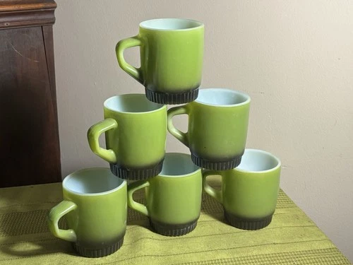 Vintage Set of 6 Avocado Green Anchor Hocking Fire-King Stackable Mugs