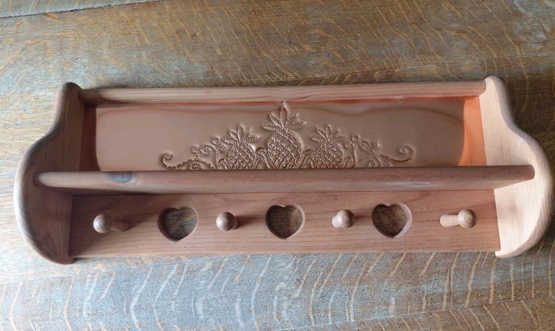 Vintage Wooden Wall Shelf Copper Pineapple Heart Pegs