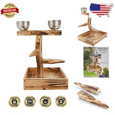 Wood Bird Perch for Small Medium Birds - 11" Natural Tree Stand w/ Bowls