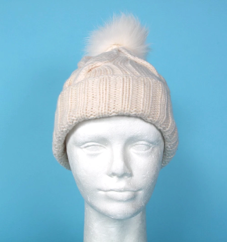 LORO PIANA 100% Baby кашемир кремовый кабель трикотажа шляпа Fox тени меха верхний помпон - Изображение 2 из 4