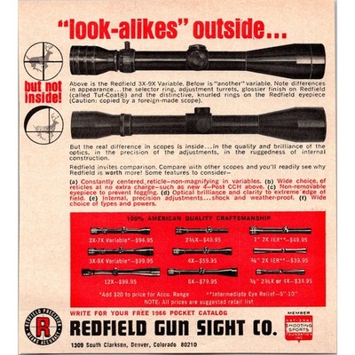 Redfield Gun Sight Co American Quality Craftsmanship Denver CO 1966 Ad SAH8-3