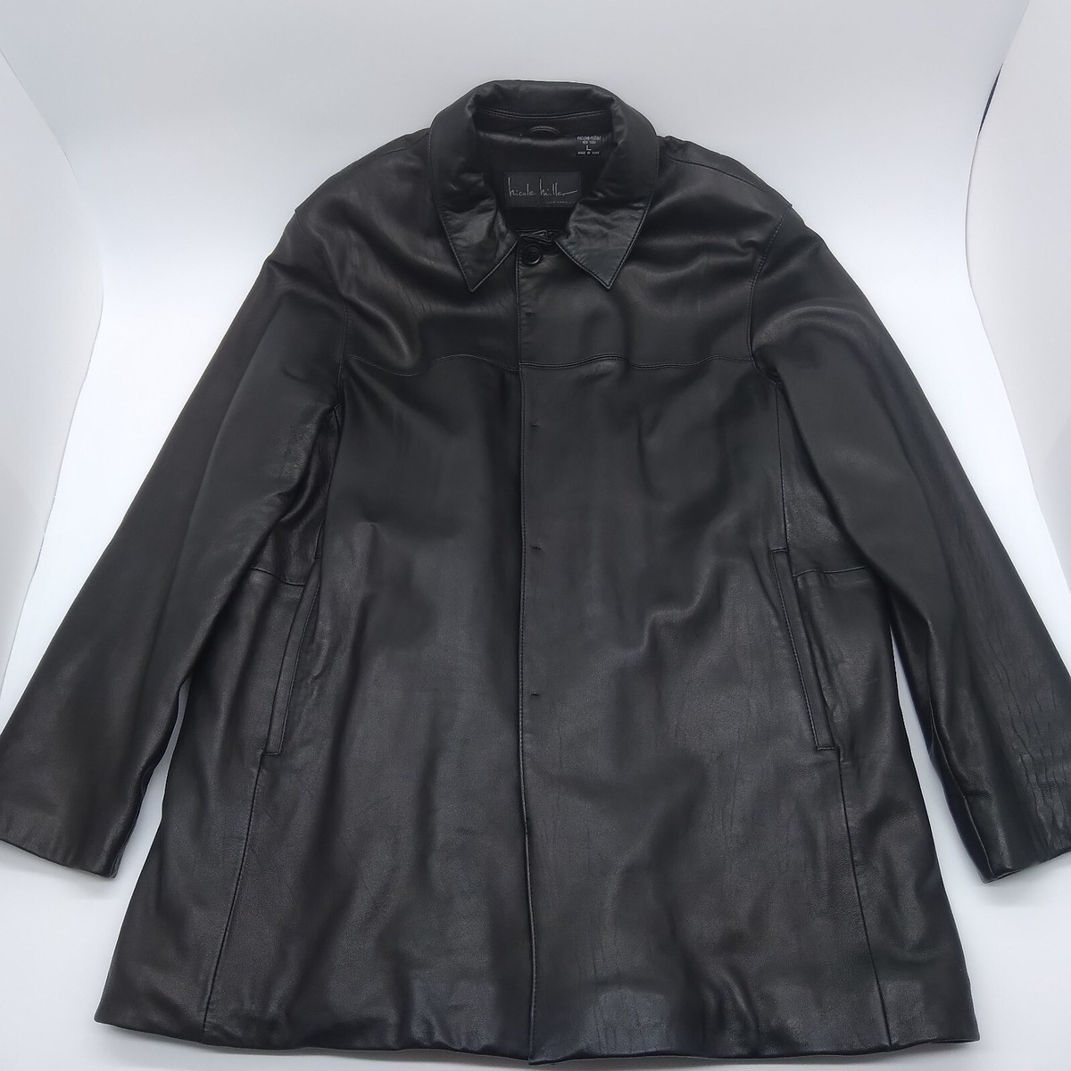 Nicole Miller size Large Mens Black Leather Button Up Jacket Quilted Lining