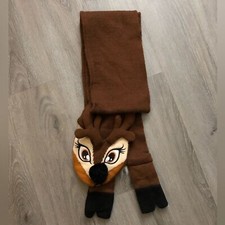 Reindeer Knit Scarf, Dk Brown, cute face, tail and soft hooves, 5-1/2 feet long