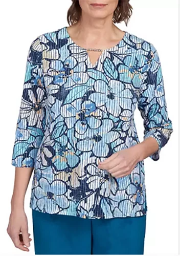 Alfred Dunner Classics XL Blue Stained Glass Print Knit Top Blouse NWT