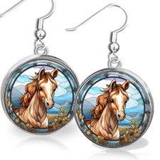 Caballo Equino Lindo Pony Imitación Vitral Arte Impresión Caballo Dueño Regalo Pendientes