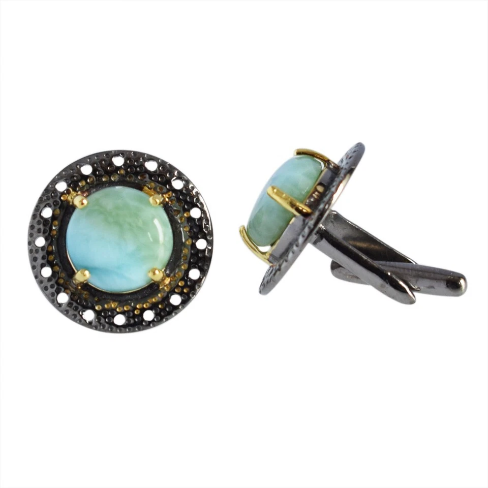 Gemelos dominicanos de piedras preciosas Larimar plata de ley 925 joyería de rodio negro Foto 4 de 4