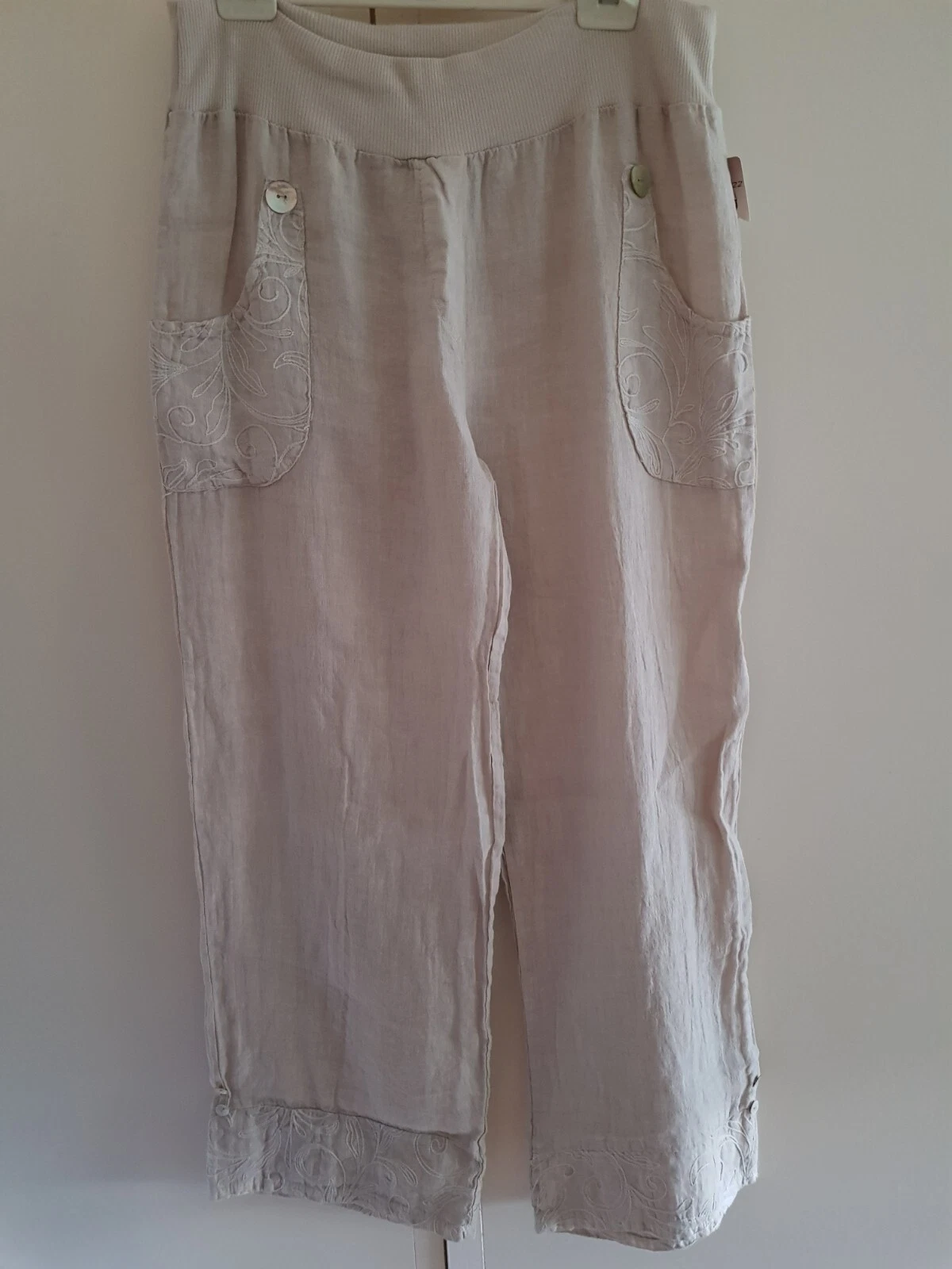 JENNY JAZZ ITALIAN LINEN PANTS SAND XL ELASTIC WAIST EMBROIDERED CUFFS POCKET