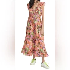 Love The Label Azaela Floral Ruffle Maxi Dress Topanga Coral Print Womens Size S