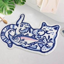 Blue Cat Fish Bath Mat Funny Shape Bathroom Rug Microfiber Non Slip 20x28 In