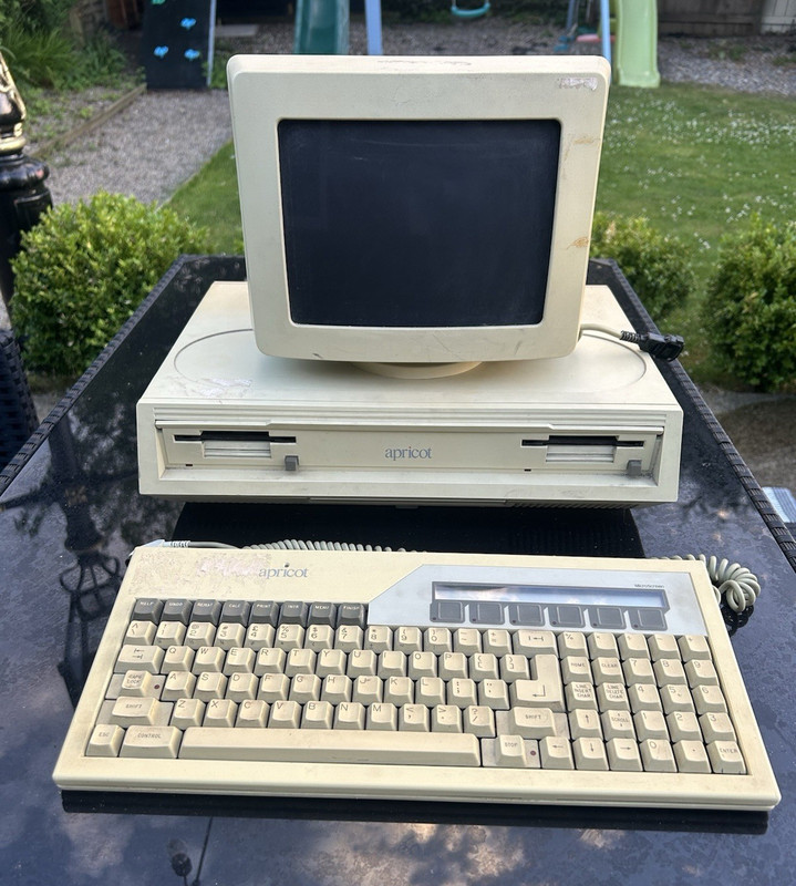 Apricot Vintage Desktop Computer System with CRT Monitor & integrated Keyboard