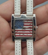 American Flag Watch 31mm Silver Tone Square White Faux Leather Band 7" New Batt