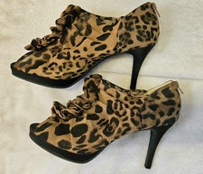 Womens Leopard Skin Pattern Look High Heel Zip Back Pumps 4" Heel Ruffle NEW