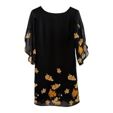 Grace Karin Sheath Dress Small Black Floral Sheer Chiffon Overlay Flutter Sleeve