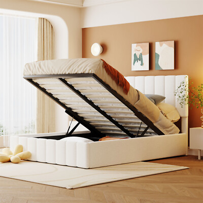 Full Size Upholstered Platform Bed Frame with Hydraulic Storage System White