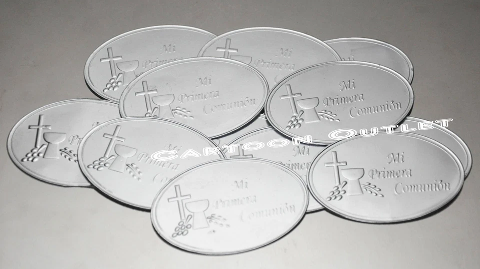 12 Recuerdos De COMUNION EMBOSSED TIN SIGN SILVER STICKERS First COMMUNION Sign - Image 4 of 4