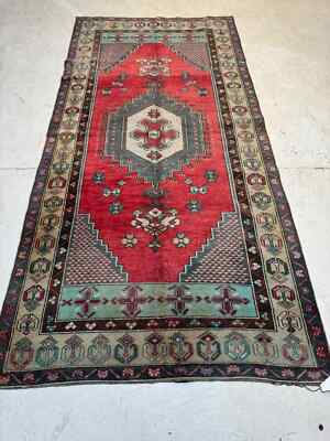 Oriental Hand-Knotted Wool Gallery Size Turkish Oushak Red/Blue/Ivory 4' x 8'2''