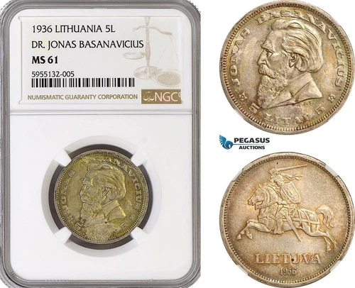 AG975, Lithuania, 5 Litai 1936, Jonas Basanavicius, Silver, KM# 82, NGC MS61