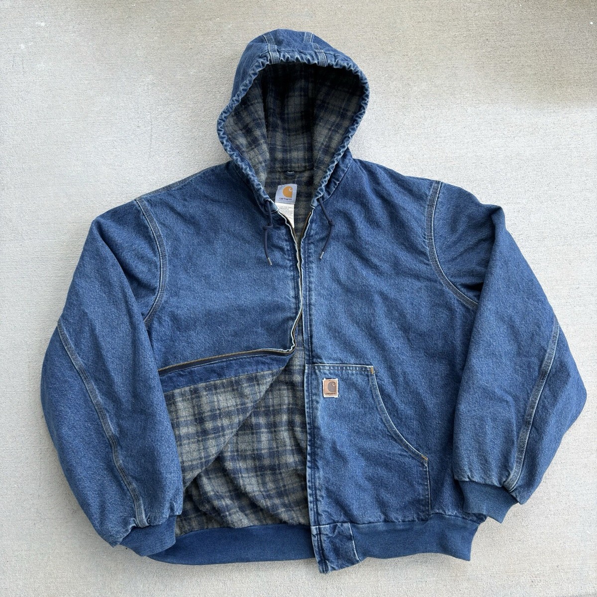 Vintage Carhartt Denim Hooded Jacket Plaid Blanket Lined