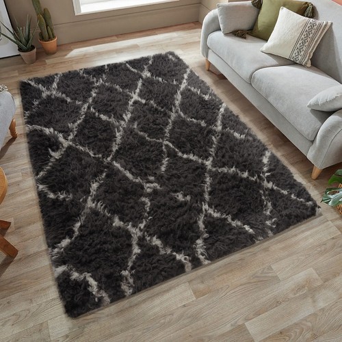 Shaggy Scandi Faux Fur Carpet Rug Charcoal Grey Ivory Soft Heavy Luxury Large - Picture 7 of 11