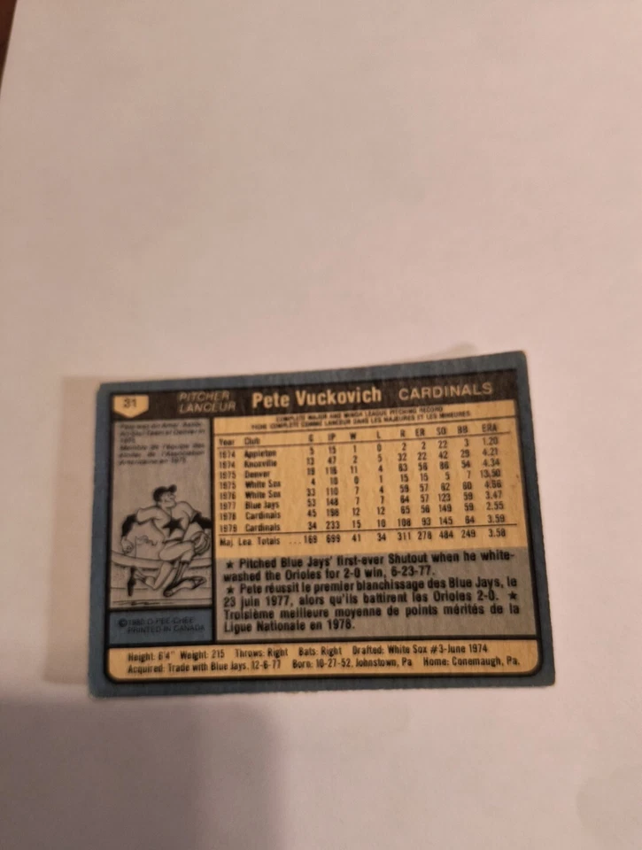PETE VUCKOVICH 1980 O-PEE-CHEE #31 FREE SHIPPING  - Image 2 of 2