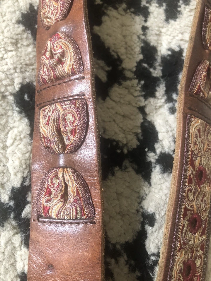 "Cinturón Lucky Brand talla 32"" tela de cuero marrón incrustación de cachemira hebilla de latón de colección" Foto 2 de 4