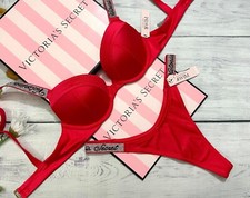 VICTORIA'S SECRET SWIM Logo Shine Strap Tee Push-Up Bikini Thong Set Red/Pink